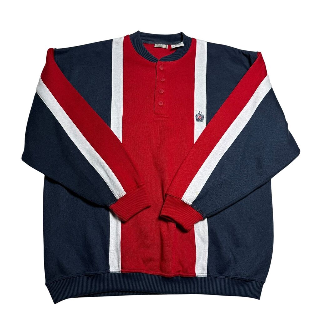 Vintage Bugle Boy Mens Sweatshirt XL Red Colorblock Stripe Henley 90s Retro
